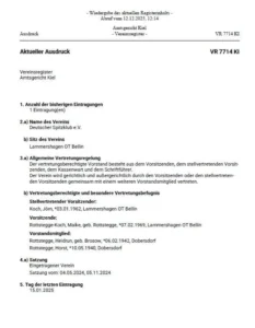 Auszug aus dem Vereinsregister des Amtsgerichtes Kiel
(Spitzclub)
